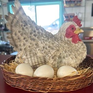 Decorative Chicken Figurine with Basket - Cream and Red